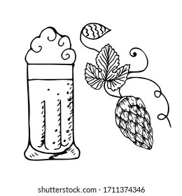 Glass of beer and hops branch, emblem, label badge logo. Line art. Drawn by hands. Vector illustration