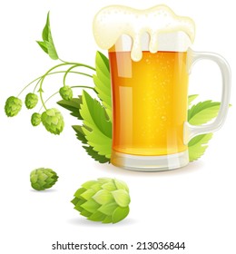 Glass of Beer with Hops, vector isolated on white background