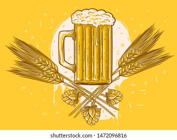  Glass of beer with hops and wheat, drawn brewery decorative emblem
