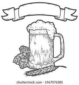 Glass of beer with hops, wheat and ribbon. Sketch scratch board imitation.