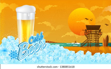 Glass of beer in ice cubes with miami beach landscape