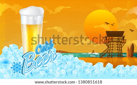 Glass of beer in ice cubes with miami beach landscape