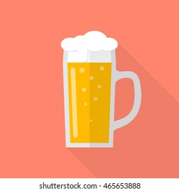 Glass of beer icon isolated in flat style design with long shadow. Light beer with foam. Vector illustration.