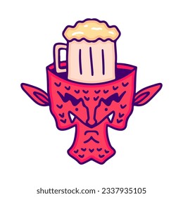 Glass of beer inside devil head, illustration for t-shirt, sticker, or apparel merchandise. With doodle, retro, and cartoon style.