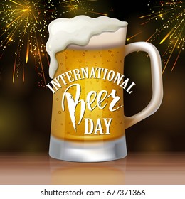 A glass of beer.  International beer Day lettering.  Vector illustration EPS10.