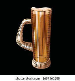 Glass of beer isolated. Full beer mug in hand drawn style on black background. Engraving style. For pub menu, cards, posters, prints, packaging. Vector vintage illustration