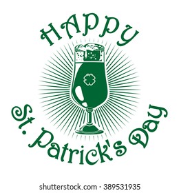 Glass of beer isolated logo. Beer label. Beer glass with the image of clover. Beer icon isolated on white background. St. Patrick's Day celebration symbol.  Vector illustration.