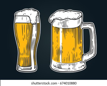 Glass of beer isolated on black background, hand-drawing. Vector  vintage engraved illustration.