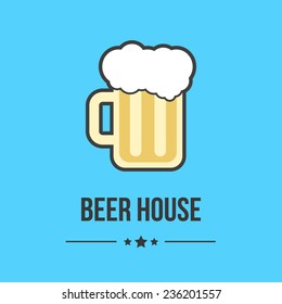 glass of beer isolated on blue background. concept of brasserie, oktoberfest, restaurant business, cheerful company, beer house or label. flat style logo design trendy modern vector illustration