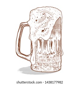 Glass of beer isolated on white background, hand-drawing oktoberfest beer, beer with foam. Vector