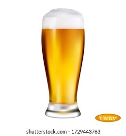 Glass of beer isolated on a white background. Realistic drink. Macro icon craft beer. Dark, lager, strong alcohol. Vector illustration beverage 3D. Design element. Stock.