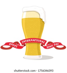 Glass of beer isolated on white background with ribbon international beer day
