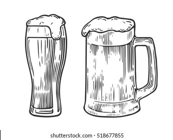 Glass of beer isolated on white background, hand-drawing. Vector vintage engraved illustration.