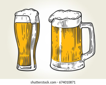 Glass of beer isolated on white background, hand-drawing.  Vector vintage engraved illustration.