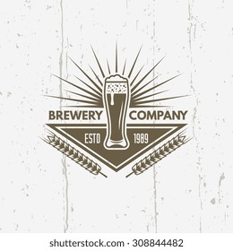 Glass of beer isolated vector vintage label on background with grunge texture