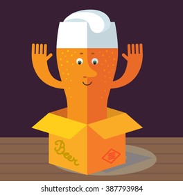 Glass of beer jumping from delivery box. Flat style vector illustration . Funny cartoon character