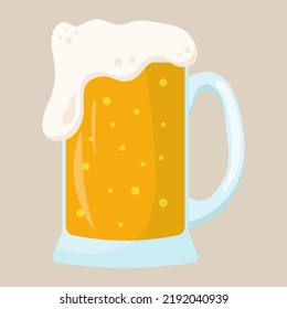 A glass of beer with a large head of foam. Vector illustration.