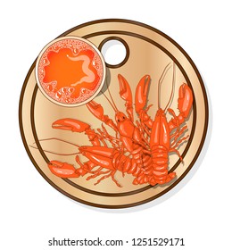 Glass of beer with lobsters vector illustration isolated on plate. White background.