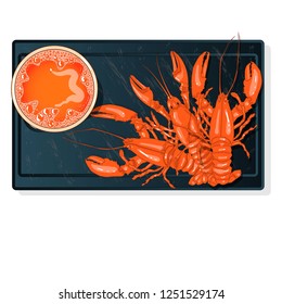 Glass of beer with lobsters vector illustration isolated on plate. White background.