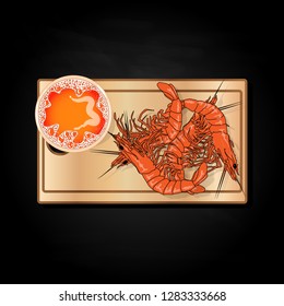 Glass of beer with lobsters vector illustration isolated on plate. Black background.