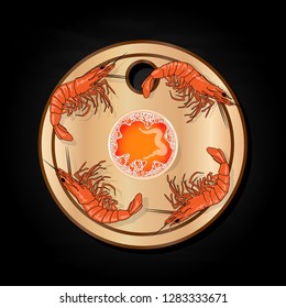 Glass of beer with lobsters vector illustration isolated on plate. Black background.