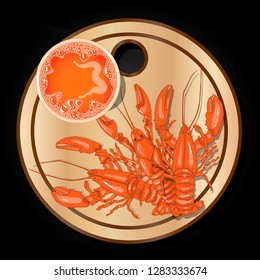 Glass of beer with lobsters vector illustration isolated on plate. Black background.