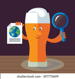 Glass of beer with magnifier glass and earth icon. Global search. Flat style vector illustration . Funny cartoon character