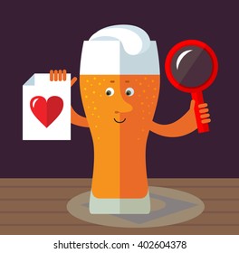 Glass of beer with magnifier glass and heart icon. Online Dating. Flat style vector illustration . Funny cartoon character