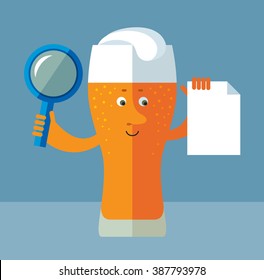 Glass of beer with magnifier glass holding blank sheet of paper searching. Flat style vector illustration . Funny cartoon character