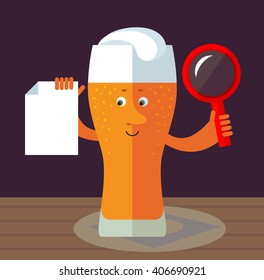 Glass of beer with magnifier glass holding blank sheet of paper searching. Flat style vector illustration . Funny cartoon character