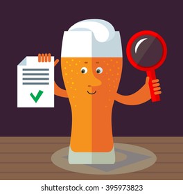 Glass of beer with magnifier glass and OK checklist. Successful searching. Flat style vector illustration . Funny cartoon character