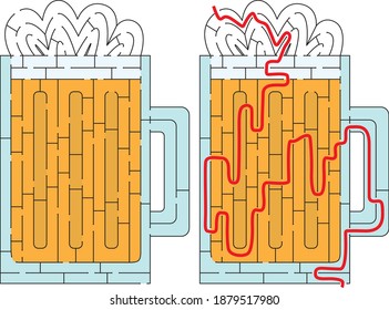 Glass of beer maze with a solution