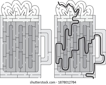 Glass of beer maze with a solution in black and white