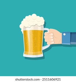 Glass of beer men holding in hand. Light alcoholic drink, cool foam. Design elements for beer festival. vector illustration in flat style