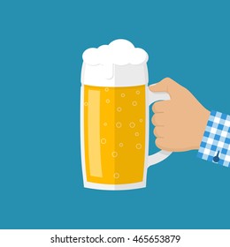 Glass of beer men holding in hand. Mug in hand isolated in flat style on background. Vector illustration. Light alcoholic drink, cool foam. Design elements for beer festival.