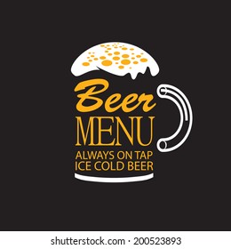 Glass of beer menu words with foam on black background