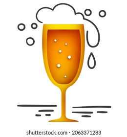 Glass of beer in modern geometric style with cartoon doodle elements. Minimalistic paper cut design element. Template for branding event, ads, background. Vector illustration.