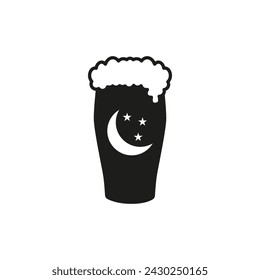 A glass of beer with a month and stars. Night bar and pub. Vector black silhouette.