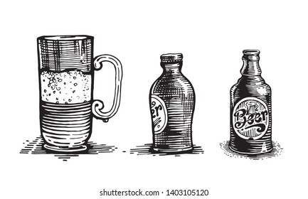 Glass beer mug and beer bottle. Natural products and healthy lifestyle, delicious products, a set of templates for menu design, restaurants and catering. Hand-drawn images, black and white graphics. 