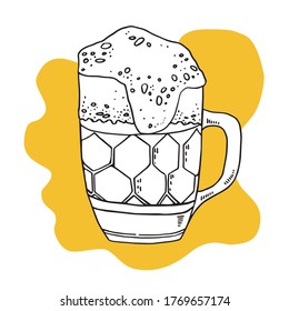 Glass beer mug with foam. Hand drawn outline vector sketch illustration with color spot on background
