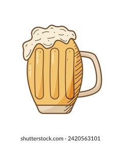 Glass beer mug with foam icon. Vector illustration of a logo for a bar or pub. Single doodle sketch isolate on white.