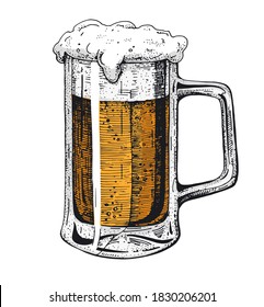 Cerveza de vidrio con asa. Ilustración vectorial con una bebida espumosa. Un boceto dibujado a mano. Estilo de grabado. Para el diseño de menús, publicidad, restaurantes de cerveza y pubs