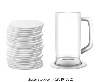 Glass Beer Mug And High Stack Of Circle White Beer Coasters Or Table Mats Template, Realistic Vector Illustration Isolated On White Background. Mockup For Beer Drinks.