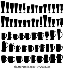 Glass And Beer Mug Icon Set. Glassware Silhouette Collection.