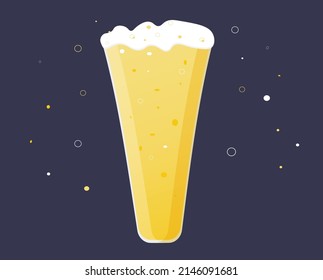 Glass beer mug with light wheat beer. Foam and bubbles overflow over the edge. Vector simple cartoon illustration for Oktoberfest design, bar, pub, restaurant, festival, badges, design, stickers.