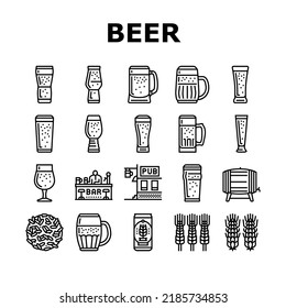 glass beer mug pint bar drink icons set vector. alcohol pub, cup foam, lager bottle, black ale, retro brewery, empty full craft glass beer mug pint bar drink black contour illustrations