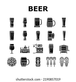 glass beer mug pint bar drink icons set vector. alcohol pub, cup foam, lager bottle, black ale, retro brewery, empty full craft glass beer mug pint bar drink glyph pictogram Illustrations