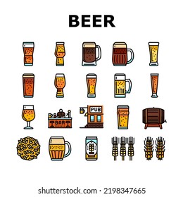 glass beer mug pint bar drink icons set vector. alcohol pub, cup foam, lager bottle, black ale, retro brewery, empty full craft glass beer mug pint bar drink color line illustrations