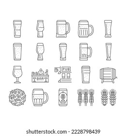 glass beer mug pint bar drink icons set vector. alcohol pub, cup foam, lager bottle, black ale, retro brewery, empty full craft glass beer mug pint bar drink black contour illustrations