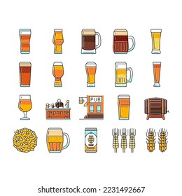 glass beer mug pint bar drink icons set vector. alcohol pub, cup foam, lager bottle, black ale, retro brewery, empty full craft glass beer mug pint bar drink color line illustrations